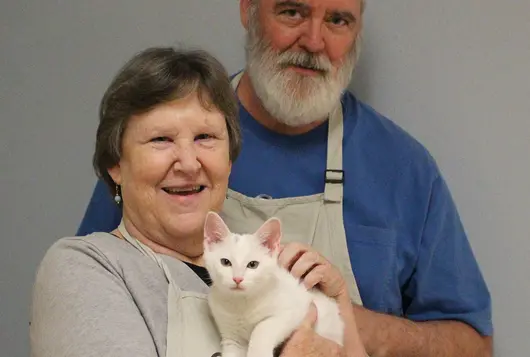 man and woman smiling with white cat