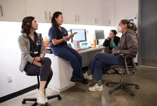 four staff members in a medical office discuss the day's work